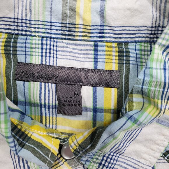 Old Navy Button Down Long Sleeve Plaid Snap Shirt Navy Blue Yellow White Men SzM - Picture 3 of 10